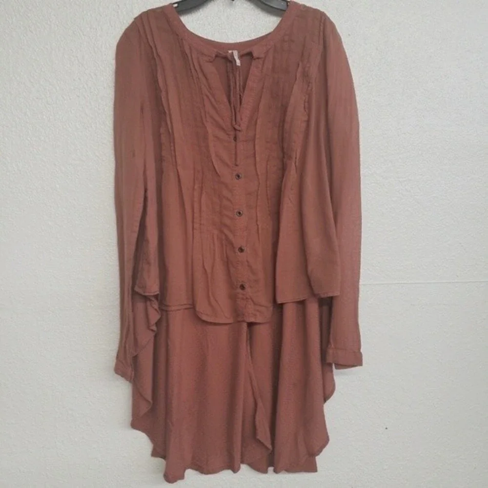 Free People Brown Long Sleeves Boho Peasant Embroidered high low top